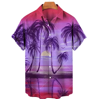 Camisa havaiana homens de verão da árvore de coco impressão praia de manga curta casual Luau camisa de férias camisa topo