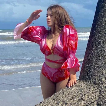 2022 Sexy de Impressão Biquínis Mulheres de Maiô Meia Manga, calção de Banho, traje de praia de Cintura Alta moda praia Inferior Arco Biquini feminino