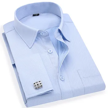 Francês botão de Punho de Camisas de Mens Casual Slim Fit Tamanho Grande 5XL 6XL Homens de Negócios Listrado de Casamento Camisa de Manga Longa e Homens vestem Camisas