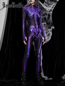 InsGoth Esqueleto de Impressão Macacão Goth Y2K de Fadas Grunge Escuro Academia Mulher Bodysuit Boate Rua Sexy Bodycon Escuro Streetwear