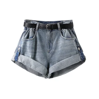 Nova Verão de Mulheres de Cintura Alta Abotoado de Perna Larga Shorts Jeans Casual Mulheres Retro Solta Azul Enrolado Lavado Shorts Jeans
