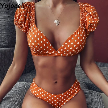 Yojoceli Elegante polka dot manga curta trajes de banho garota Verão fresco praia de maiô 2 peças conjunto Casual sexy de biquíni bonito mulheres