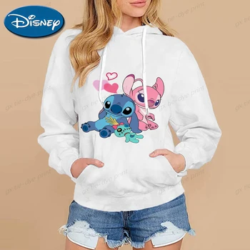 Disney Stitch Impressão Mulheres Hoodies Solto Grandes Bolsos Marca De Moda Camisolas Com Capuz Roupas De Outono Novo Moletom Feminino