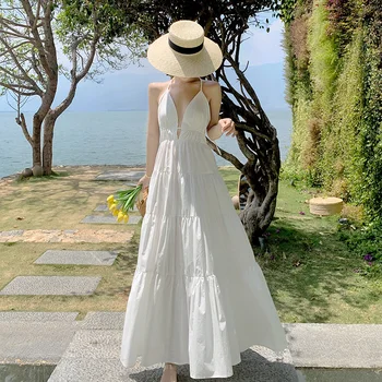 Mulheres Maxi Branco Halter Vestido Escorregar Verão 2022 Pista Elegante Sem Encosto Coreano Retro Fadas Casual Férias De Praia Vestidos De Festa