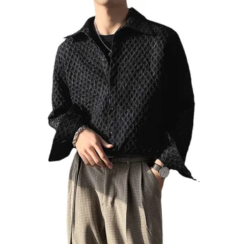 Man em 3D Elástica Manta de Tecido Solto e Casual Camisa de Manga Longa Cardigan Homens Japonês coreano Moda Streetwear Camisas Camisa