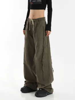 Y2K pára-Quedas Calças de Cintura Alta de Mulheres Streetwear Oversize Bolsos Exército Verde Calças Cargo Harajuku Grande Perna de Hip-hop Estilo BF