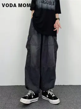 2022 Outono Harajuku Fashion retro, High street (Rua) hip hop Calça Reta de Perna Larga Calças para Mulheres Casuais Solto Grandes Bolsos de calça Jeans