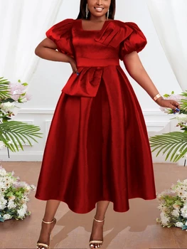 Vintage Vermelho Vestidos de Baile Elegante Praça Pescoço Inchados de Cintura Alta Plissado Flowy Vestido Modesto Noite de Convidados do Casamento Aniversário Vestido 3XL