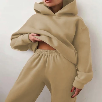Casual Capuz roupa de Duas peças de Outono Suéter com Capuz de Moletom+Bolso de Calças para Mulheres com Roupas de Inverno Polar do Sportswear Treino de Conjunto