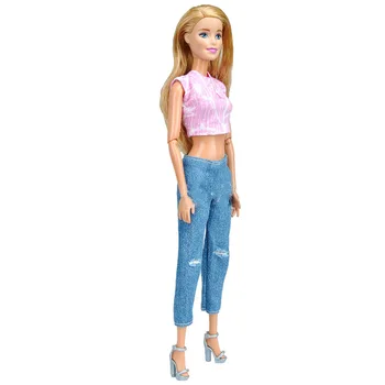 1/6 BJD Roupas Para a Boneca Barbie com Roupas cor-de-Rosa Camisa Crop Top Ripped Jeans Calças Jeans, Calças De 11,5