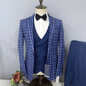 3 Pcs Fato Blazers Casaco Colete Calças / Moda Homens De Negócios Informais Xadrez Grande Lapela Do Noivo Do Casamento Formal, Vestido De Jaqueta Calças