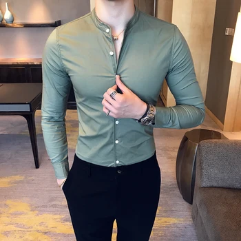 2019 masculina da Nova Boutique de Moda de Algodão de Cor Sólida Gola de Negócios informais Camisas de manga comprida Masculina Slim High-end de Lazer Camisas