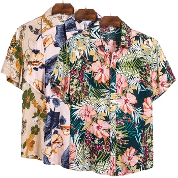 Homens do Algodão do Poliéster de Verão, Camisa de Manga Curta Tropicais, Florais de Palma Praia Havaiana Masculino Camisas de Blusa Casual Para Homens