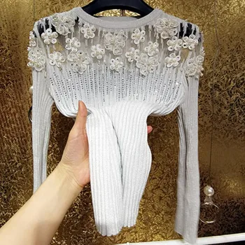 Luxo outono indústria pesada frisado tridimensional strass camisola de malha mulheres pétala de flor topo 