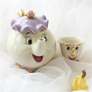 Um Conjunto Linda bela E A Fera Mrs. Potts Chip de Café de Chá de Panela Caneca de Porcelana Chaleira banhado a Ouro 18K Cerâmica Presente de Ano Novo