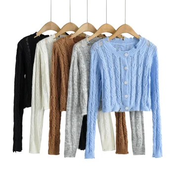 Roupas Vintage queda cortada cardigans mulheres de Outono suéter de malha rasgada casual casaquinho de cultura camisola de manga longa crop top branco