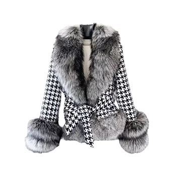 2021 de Outono e Inverno das Mulheres Casaco de Pele de Mulheres Houndstooth Colarinho Curto Silver Fox Fur Tribunal de Moda de Roupas femininas
