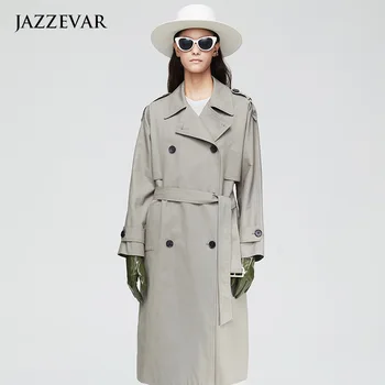 JAZZEVAR 2022 Nova Chegada do Outono Trench Coat Mulheres Superior Cáqui Cor de Longa Algodão Outwear Roupas Soltas com Cinto da Moda