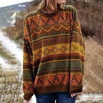 Amarelo Geométricas Jacquard Vintage Suéter De Malha Mulheres O-Pescoço-Esmeralda Plus Size Coreano Tops Harajuku Feminina Outono Inverno Blusas