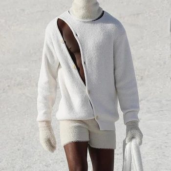 Homens Suéter de Malha de Moda Irregular Botão para baixo Pulôveres Mens Outono Inverno Casual Sólido de Manga Longa, Gola Outerwear