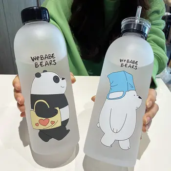 Bonito Urso Panda Copa 1000ml Garrafas de Água Com Palha Transparente dos desenhos animados de Garrafa de Água, Copos de vidro Fosco que à prova de Vazamento de Proteína Shaker