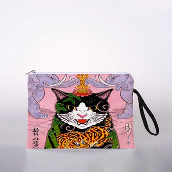 Samurai japonês gato impressão mulheres do saco de cosmética bonito viagem de lazer portátil de armazenamento bolsa saco cosmético necessaire
