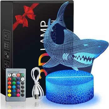 Tubarão Presentes Luz da Noite, 3D Tubarão Lamp16 Cores Mudando Quarto Lâmpada, Tubarão Decoração Brinquedos de Halloween, Aniversário, Presentes de Natal para Crianças