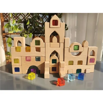 De madeira, Blocos de Construção do Conjunto de Empilhamento de Castelo de Brinquedos Transparente com Cubos de arco-íris Madeiras de Árvores de Animais a Girafa para Crianças