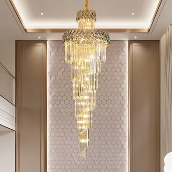 Luxo Cristal de Longa Candelabro na Sala de estar Sala de Topo Longo de Fumaça Cinza Cristal da Lâmpada de Ouro Escada Iluminador