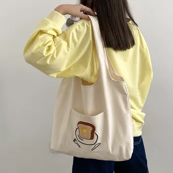 Mulheres Casual Lona Bolsa de Ombro de desenhos animados de Impressão, Saco de Pano de Algodão Senhora Bolsa Eco Reutilizáveis Grande Tote Shopper Bags