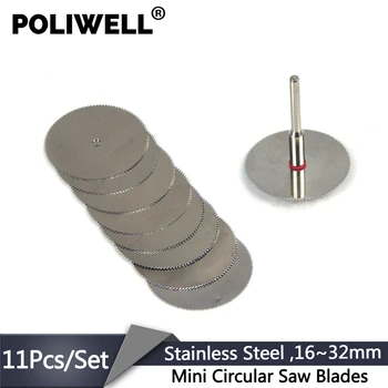 POLIWELL 16mm~32mm Aço Inoxidável Mini Circular Viu a Lâmina Conjunto 3mm Fixa a Haste de Plástico Roda Disco de Corte para Ferramenta rotativa Dremel