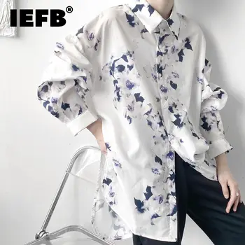 IEFB coreano Minoria de Médio Longo dos Homens Impresso Floral Camisa Solto e Casual Unisex Tops Lado de Divisão de grandes dimensões Masculino Tops Branco 9Y8653