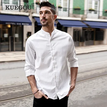 KUEGOU 2022 Primavera de Algodão Branco Casual Botões de Camisa de Homens Oversize Moda Masculina Incomum Colar de Botão de Manga Longa Roupas 20529