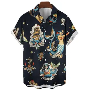 2022 3d Digital de Impressão Sereia Retro Arte de Padrão masculino Camisa Retrô, Camisa Havaiana Homem de Rua camisa de Manga Curta Camisa Solta Para Homens