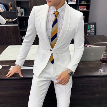 Mens Roupas 2019 Ternos de Vestido Branco de Casamento para homens Elegantes Ternos Slim Fit Club Partido Mens Vestido de Terno Define Magro Office Vestido