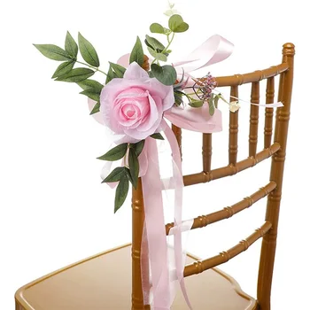 4pcs de Casamento Corredor Decorações cor-de-Rosa Casamento Rústico Pew Flores de Casamento com Flores Artificiais Decoração para Cerimônia da Igreja Cadeira de Bancada