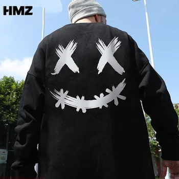 HMZ Outono Hip Hop Moletom Homens Smiley de Impressão de Moletom com Capuz Masculino Casual Superior Harajuku Camisola de Algodão Roupas de Streetwear Homens