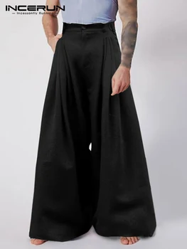 INCERUN 2021 Nova Moda masculina Casual Pantalons Sólida, Todas de correspondência Simples Masculino Largas Calças de Cintura Alta Virilha Soltar Calças compridas S-5XL