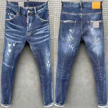 Homens Trecho Skinny Jeans de Luxo da Marca Rasgado Lápis, Calças de Streetwear Slim Fit Qualidade de Homens Calça Azul Origem Jean Homem