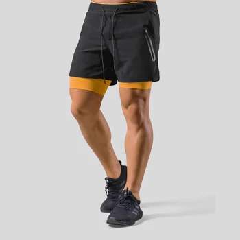 O verão dos homens novos esportes fitness elástico respirável zíper duplo calções de camada de Ginásio de treinamento de corrida meados de cintura cinco-ponto de calças