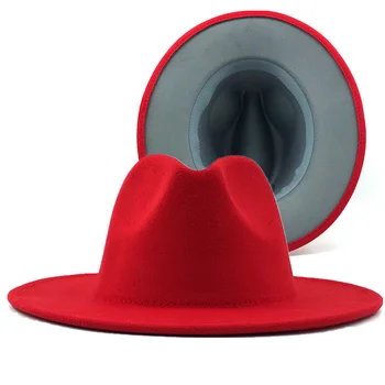 60CM vermelho com cinza de Fundo de Retalhos Panamá de Feltro de Lãs de Jazz Chapéus de Fedora Mulheres Homens Aba Larga Festa de Cowboy Trilby Jogador Chapéu
