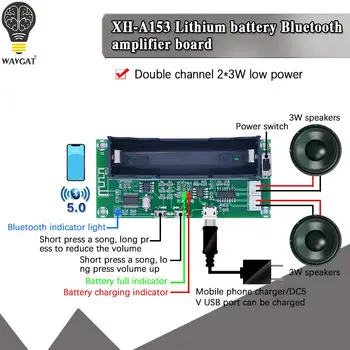 XH-A153 Bateria de Lítio Bluetooth 5.0 Dual-channel de 2 Ch Estéreo de Canal de Baixa Potência Amplificador Conselho 3W+3W DC 5V PAM8403 Chip