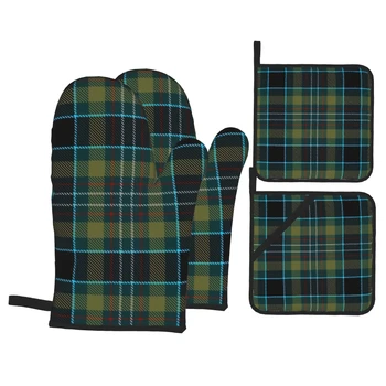 Verde Xadrez Tartan Escocês Luvas do Forno e guardanapos Conjunto de 4PC Luvas Resistentes ao Calor e guardanapos para Assar ou Cozinhar Grelhar