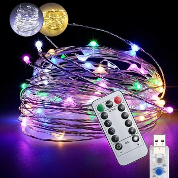 1/2/3/4/5M USB LED de Férias Luzes de Fadas Impermeável do DIODO emissor de Fio de Prata de Seqüência de caracteres com controle Remoto para Festa de Natal, Decoração de Casamento