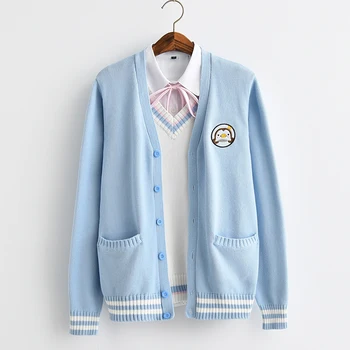 De 2017, novo Pinguim Bonito do bebê bordado estilo de colégio Japão macio irmã JK uniformes de malha casaquinho de Malha camisola azul-e-branco