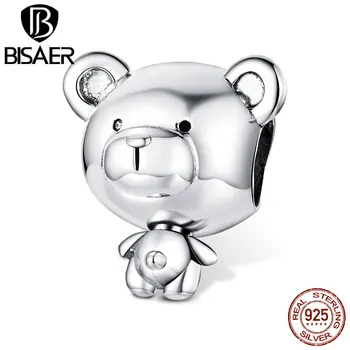 BISAER Urso Bonito Encantos de Prata 925 Lindo Pingente Urso Esmalte Esferas de Ajuste DIY Pulseira Colar Para Mulheres Jóias ECC1502