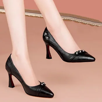 Mulheres Clássico Europeu De Alta Qualidade Elegante Real De Couro Preto De Sapatos De Salto Alto Senhora Bonito Conforto Bombas De Sapatos Femininas E335