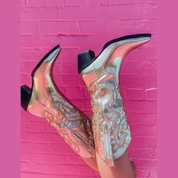 ENMAYER Cowgirls de Cowboy Rosa Metalizado Ocidental Botas para Mulheres Dedo Apontado Empilhados Salto Puxar em Meados de Bezerro Botas de Design da Marca