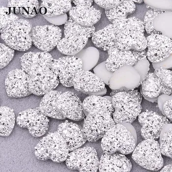 JUNAO 12mm de Glitter, Strass Prata Resina Applique Não Hotfix Strass Cristal Flatback Gemas Forma de Coração Pedras para Decoração Artesanato