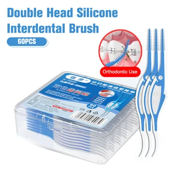 60Pcs/caixa de Duplo Fio dental de Cabeça Higiene Dental PP Escova Interdental Palito de dente Oral Ferramentas de Cuidados